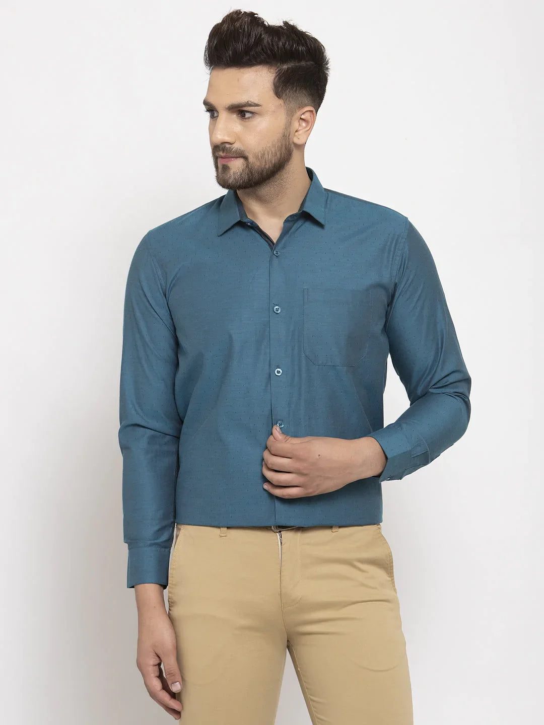 Jainish Blue Men's Cotton Polka Dots Formal Shirt's ( SF 761Peacock )