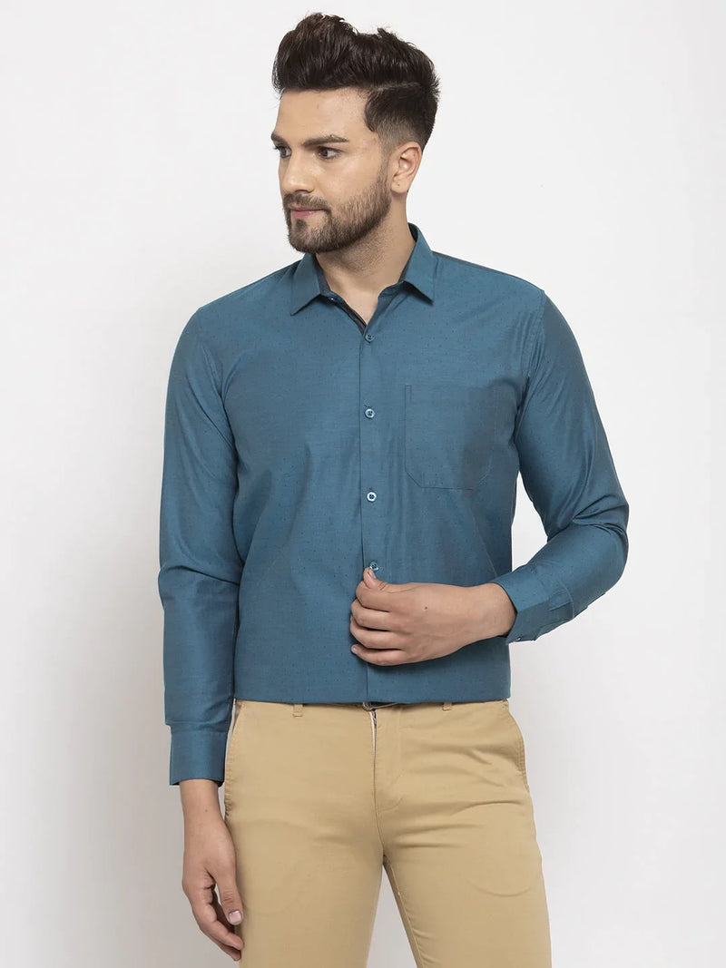 Jainish Blue Men's Cotton Polka Dots Formal Shirt's ( SF 761Peacock )