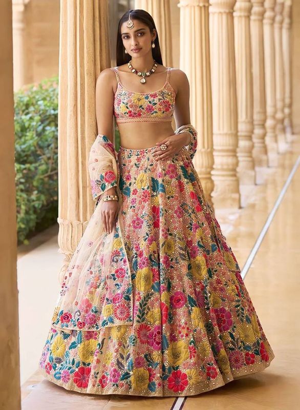 Aastha fashion Multicolor Stain lehanga blouse Embroidered work - Prithvi Mart