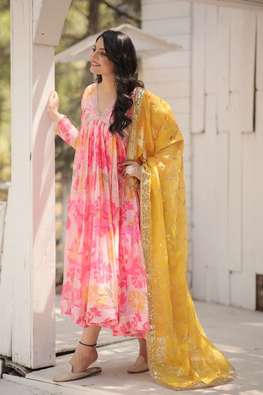 Aastha Pink with Gown Russian silk Digital Printed