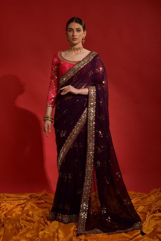 Aastha Wine Soft Georgette Sequins work in Banglori
