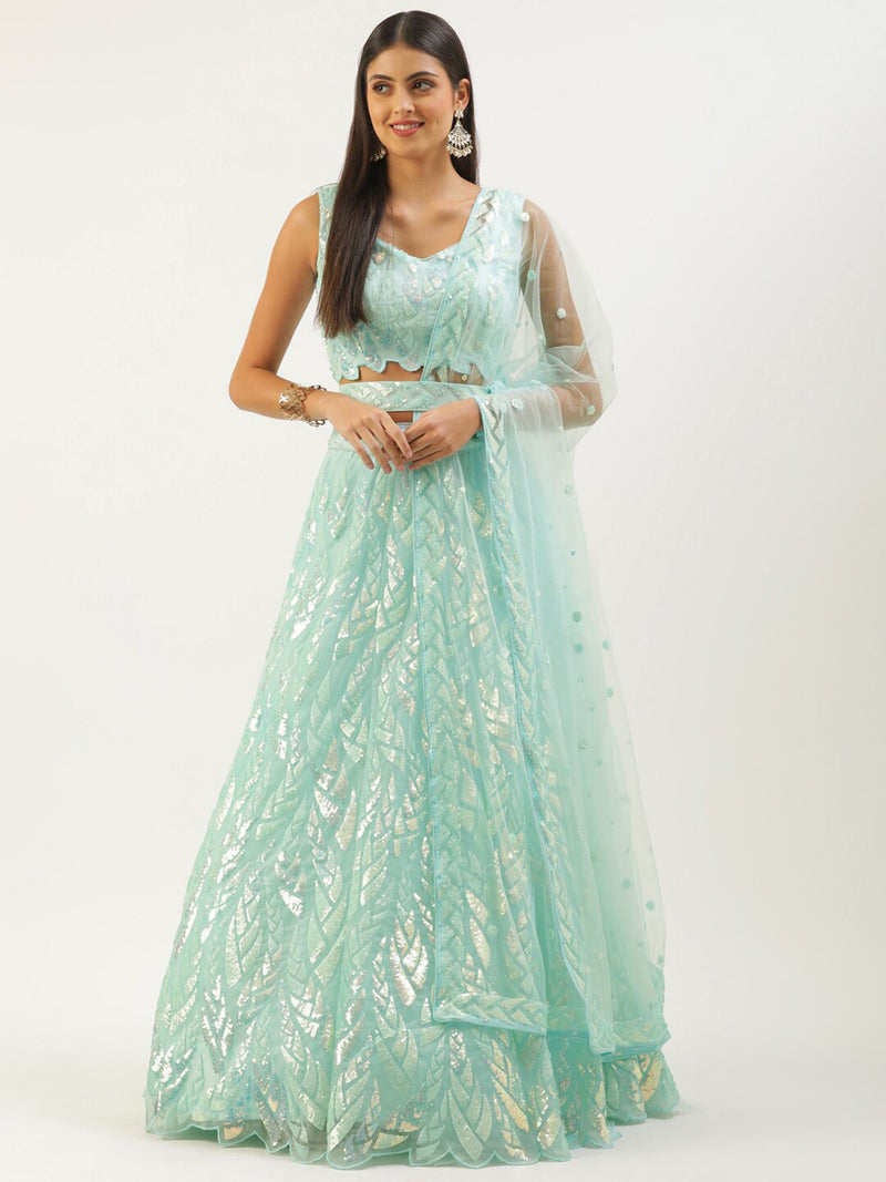 Aastha fashion Blue Soft net lehanga blouse fabric Multiple Sequins, Thread Embroidery Work