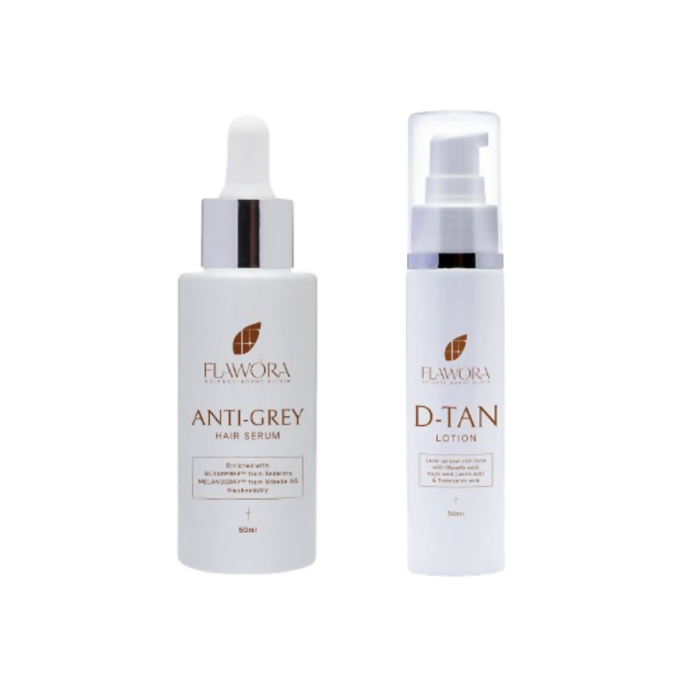 Flawora Set of Anti-Grey Hair Serum and D-Tan Lotion