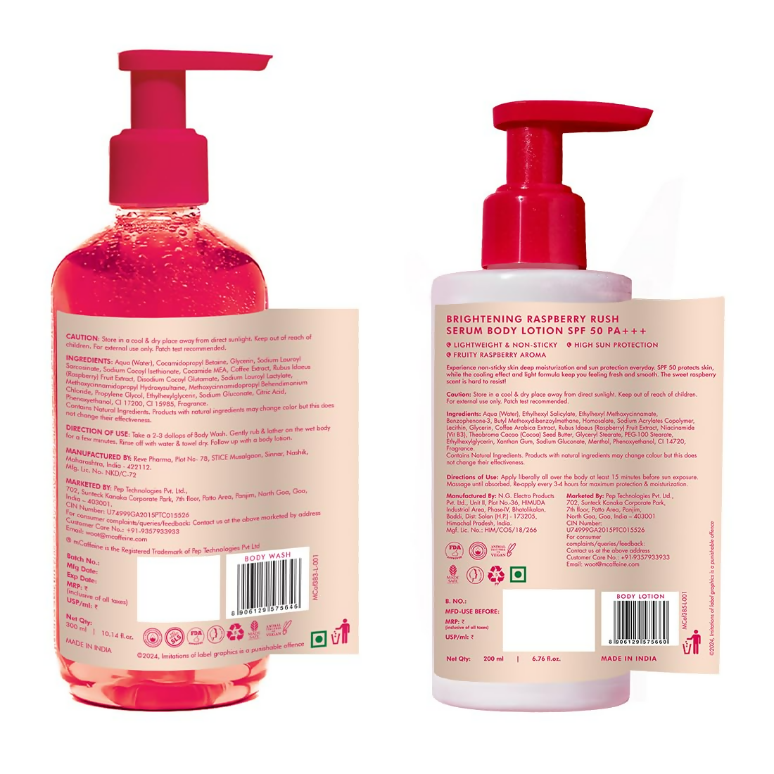 mcaffeine All Skin Brightening SPF 50 PA+++ Sunscreen Body Lotion & Wash Raspberry Combo Kit