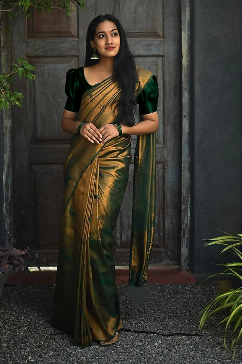 Vamika Weaving Banarasi Jacquard Green Kanjivaram Saree