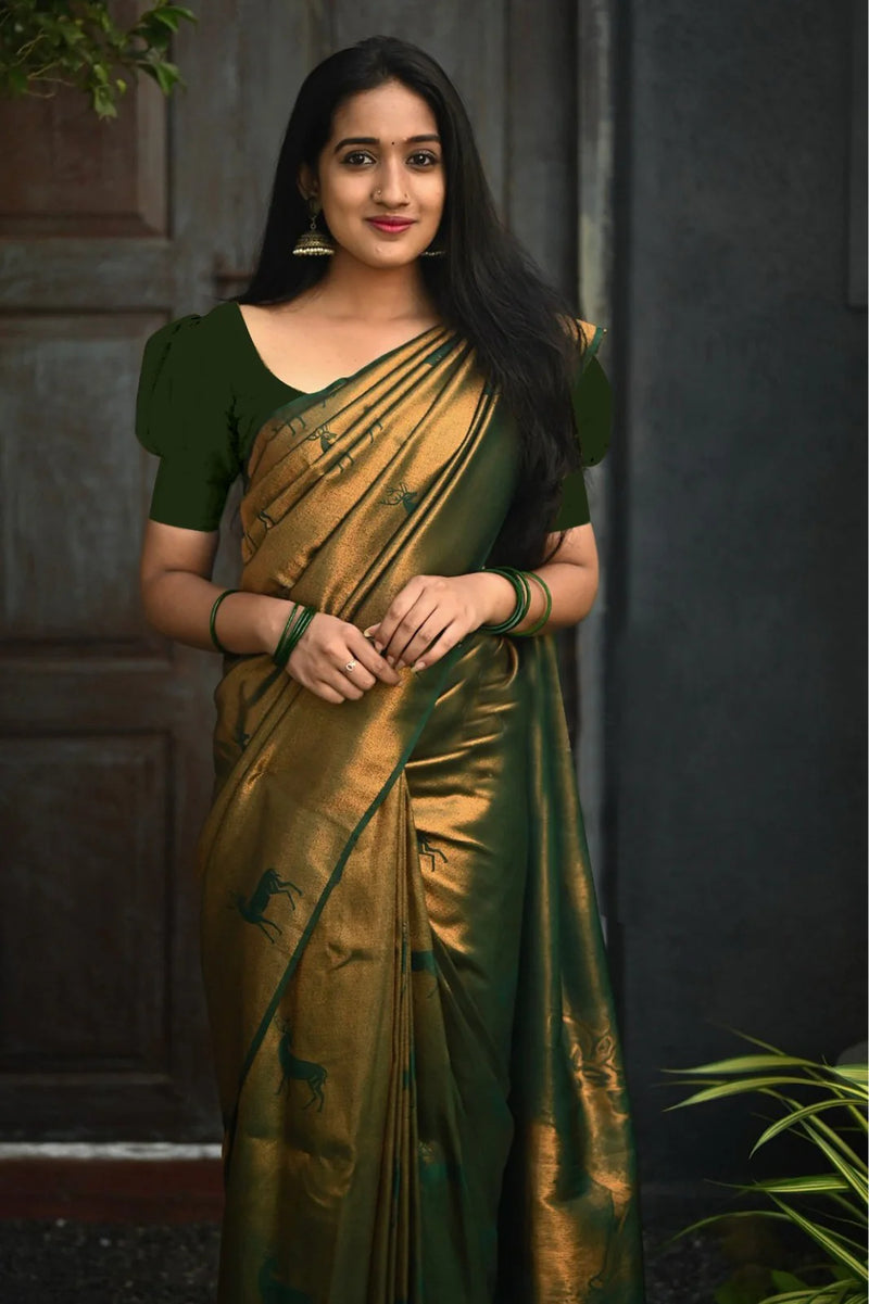 Vamika Weaving Banarasi Jacquard Green Kanjivaram Saree