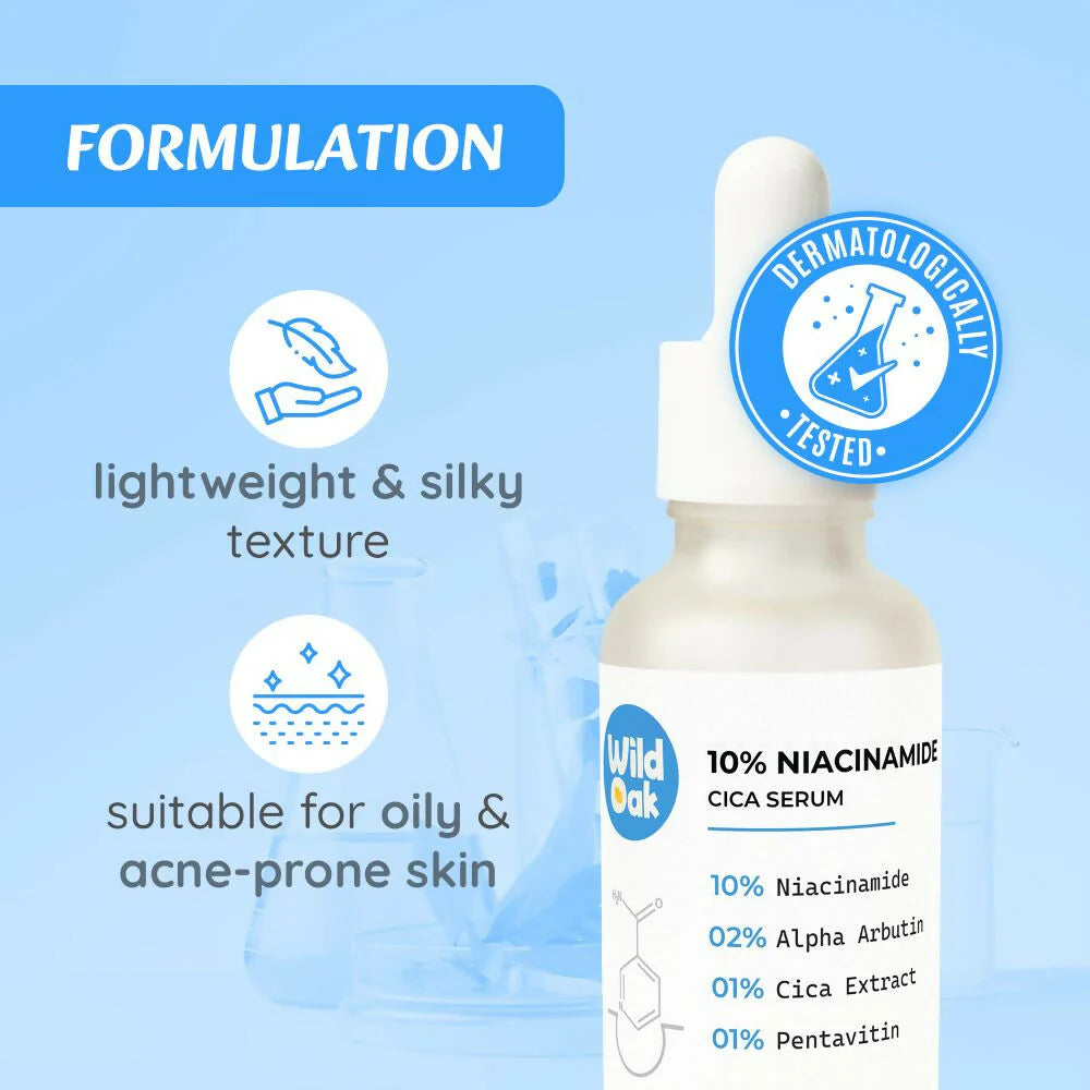 WildOak 10% Niacinamide Alpha Arbutin Cica Face Serum | Reduces Sebum Pigmentation, Evens Skin Tone & Minimises Pores | Skin Brightening & Acne Scar | 30ml