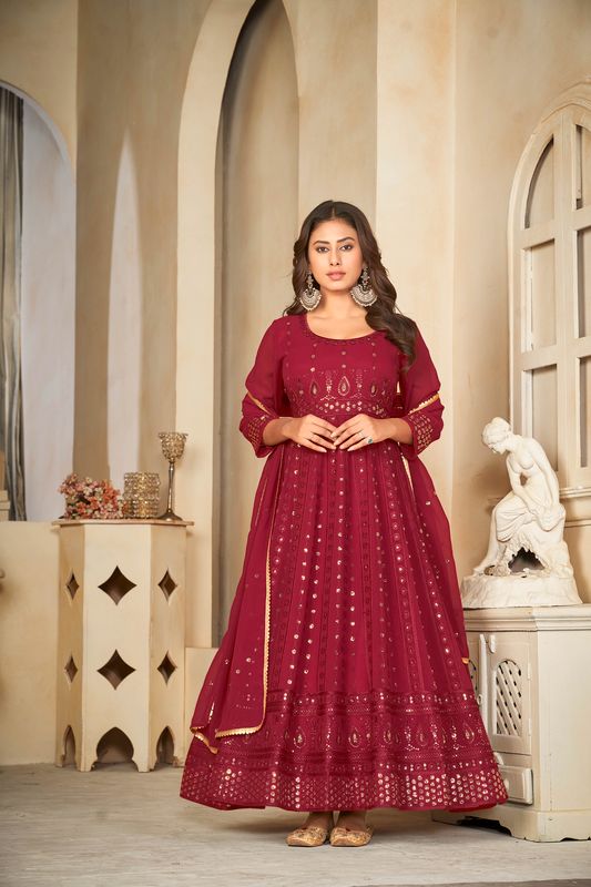 Aastha Maroon Dupatta with Net top fabric Crepe Bottom fabric