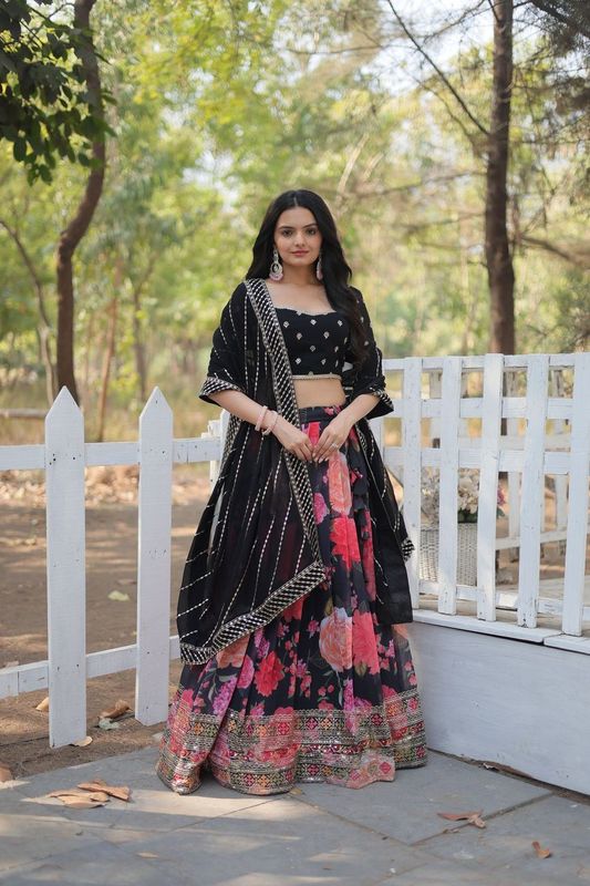 Aastha fashion black Faux Georgette lehanga 	Faux Blooming blouse fabric embroidery work