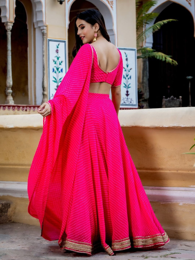 Aastha fashion pink Georgette lehanga blouse fabric Zari and Cording Lace work with Leheriya Print