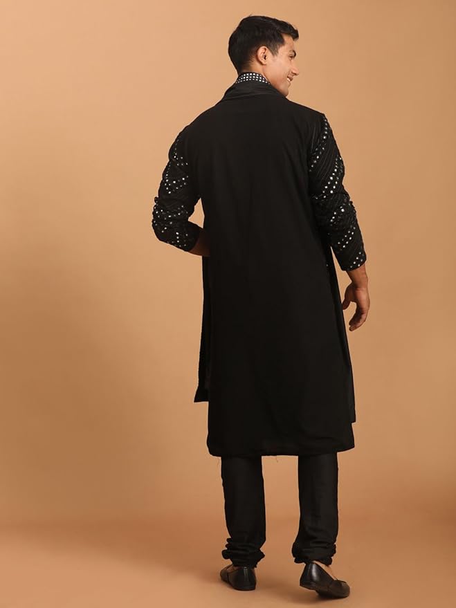 LUXE Men's Black Georgette Kurta and Pyjama Set | Mirror work Black Georgette Kurta With Pyjama and Dupatta