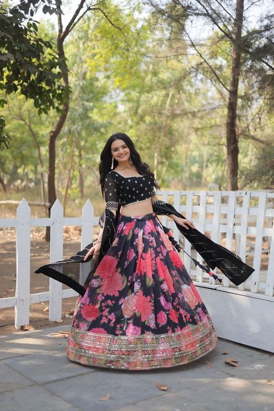 Aastha fashion black Faux Georgette lehanga 	Faux Blooming blouse fabric embroidery work