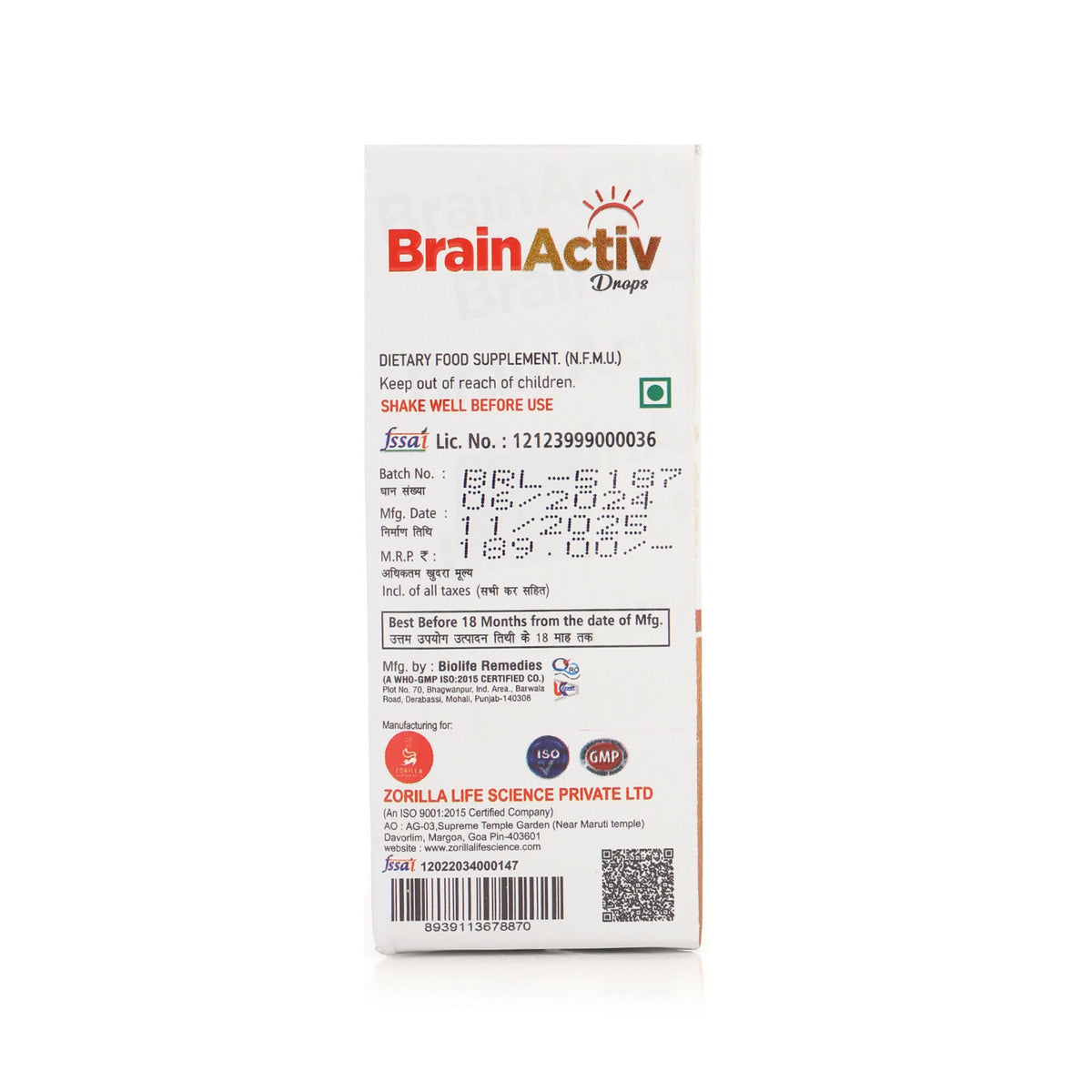 Zorilla Life Science BrainActiv Drop Omega-3 Fatty Acids, Vitamin D3, EPA with DHA