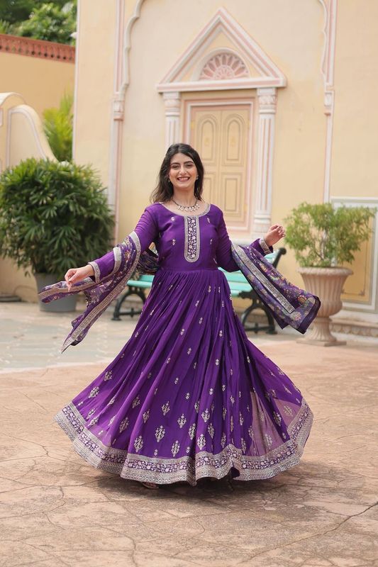 Aastha Purple Chinon Cotton with Gown fabric Tebby Silk