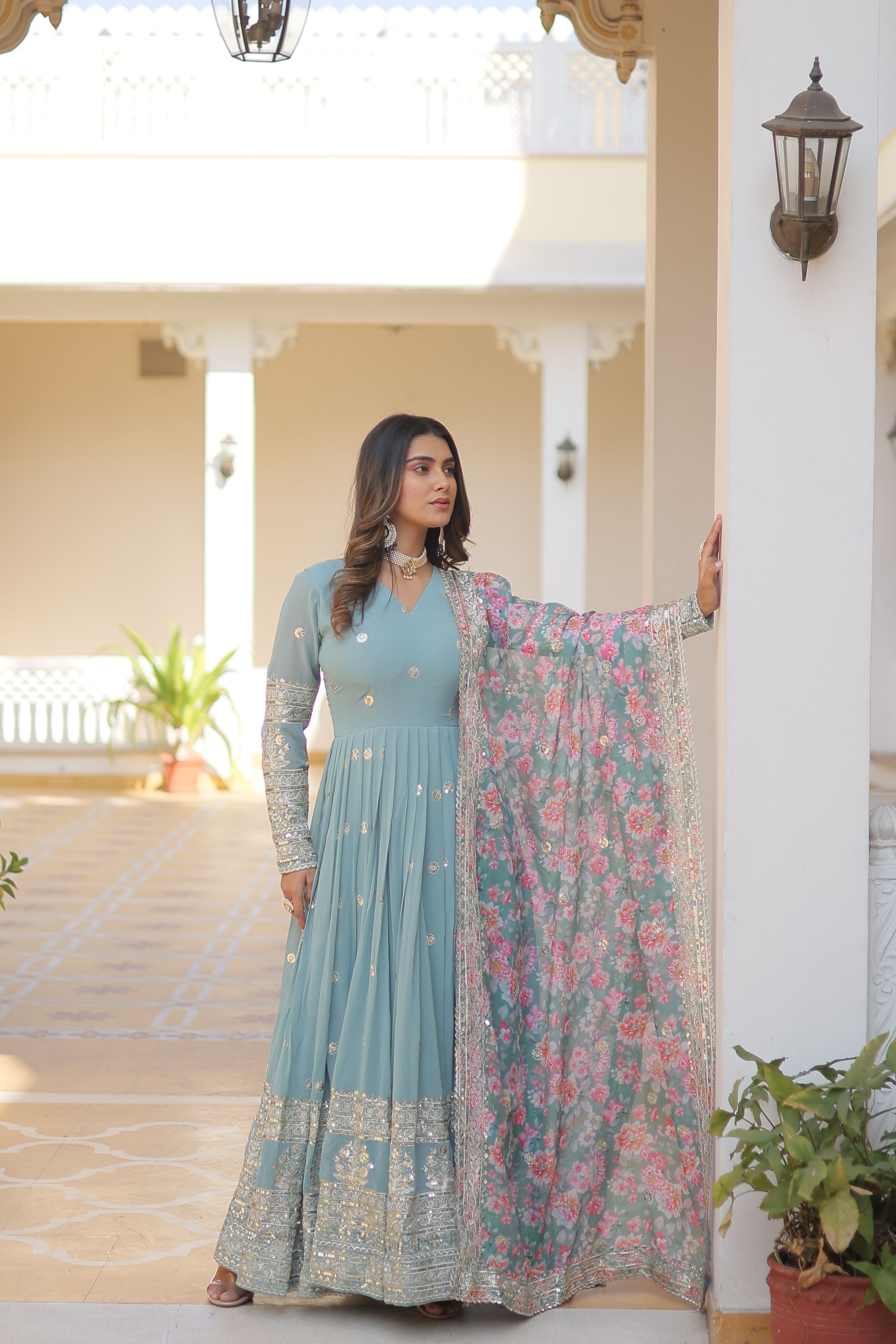 Aastha Sky Faux Georgette with Gown Embroidery Sequins Embroidered work