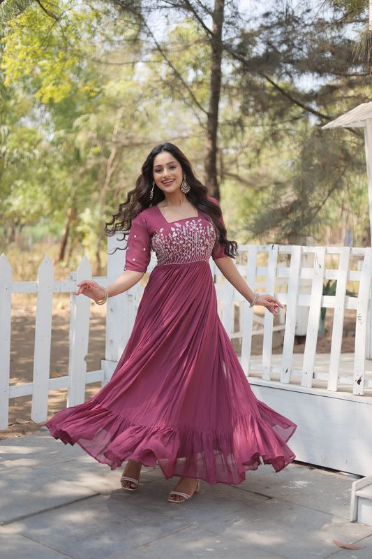 Aastha Dusty Rose with Gown fabric Faux Georgette Sequins Multithreaded Embroidered