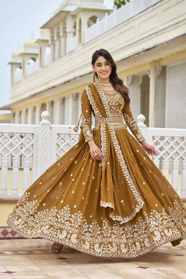 Aastha fashion Mustard Heavy Fox Georgette lehanga blouse Embroidery 7mm Sequence Work with Belt