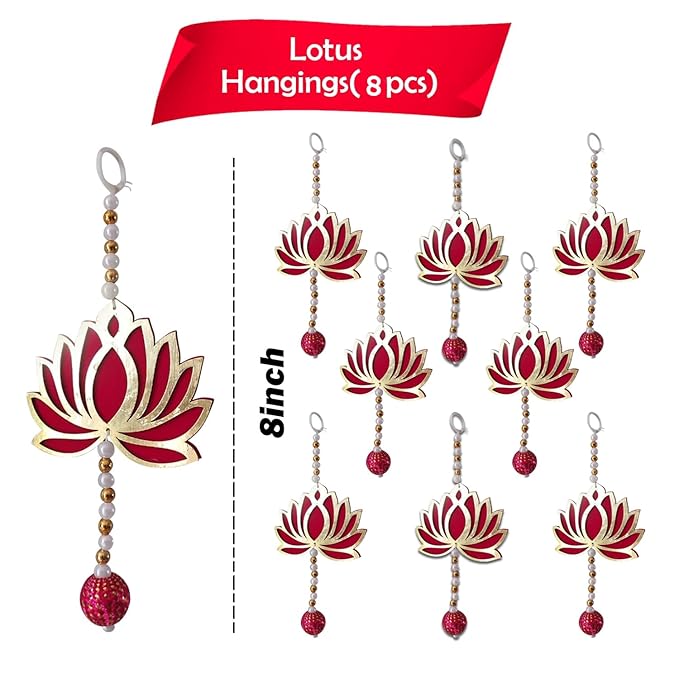 Handmade Lotus Hangings for Decoration- 8 Pcs Pink Lotus Latkan with Lotus Buds - 8 inch/Diwali Decoration Items/Pooja Room Decoration Items/Festive Decor for Ganpati, Navratri(MDF)