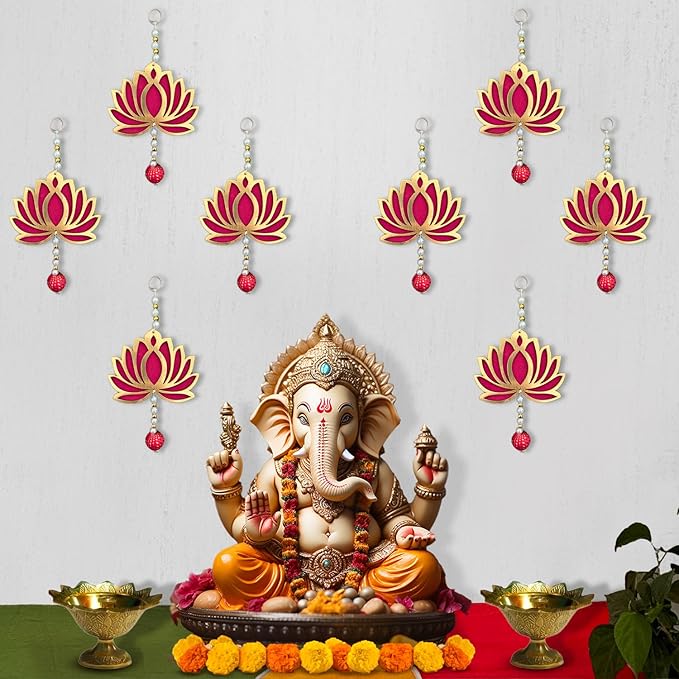 Handmade Lotus Hangings for Decoration- 8 Pcs Pink Lotus Latkan with Lotus Buds - 8 inch/Diwali Decoration Items/Pooja Room Decoration Items/Festive Decor for Ganpati, Navratri(MDF)