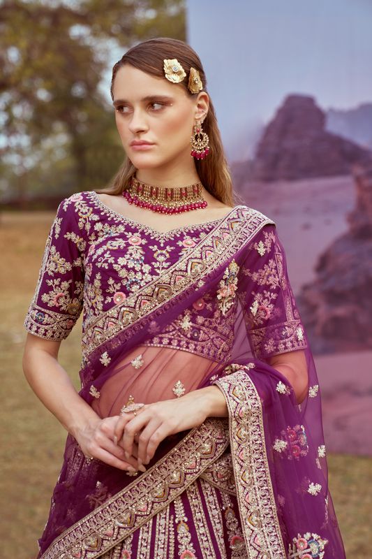 Aastha fashion Purple Organza lehanga blous Embroidery Work