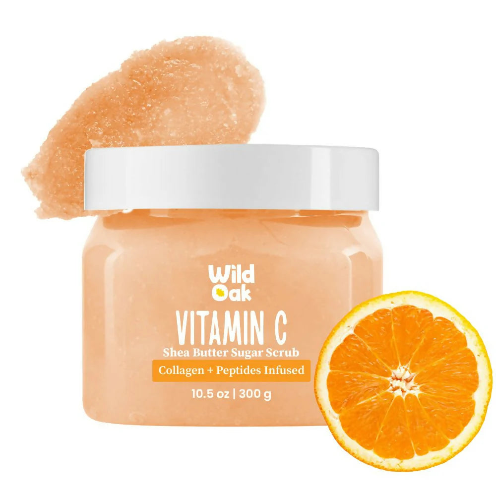 WildOak Vitamin C Shea Butter Sugar Scrub | 300gm | With AHA, Vegan Collagen & Peptides | Tan Removal & Smooth Skin | Removes Dead Skin | Ultra Hydrating, Exfoliating & Moisturising Sugar Body Scrub