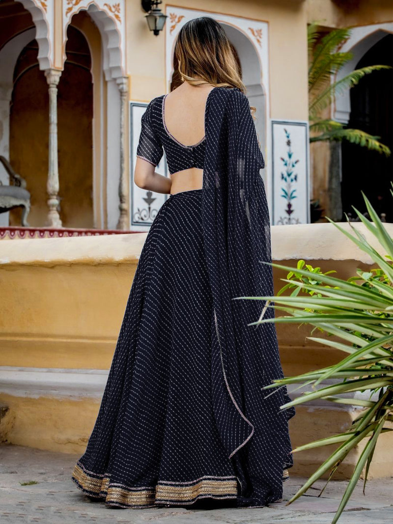 Aastha fashion Black Georgette lehanga blouse fabric Zari and Cording Lace work with Leheriya Print
