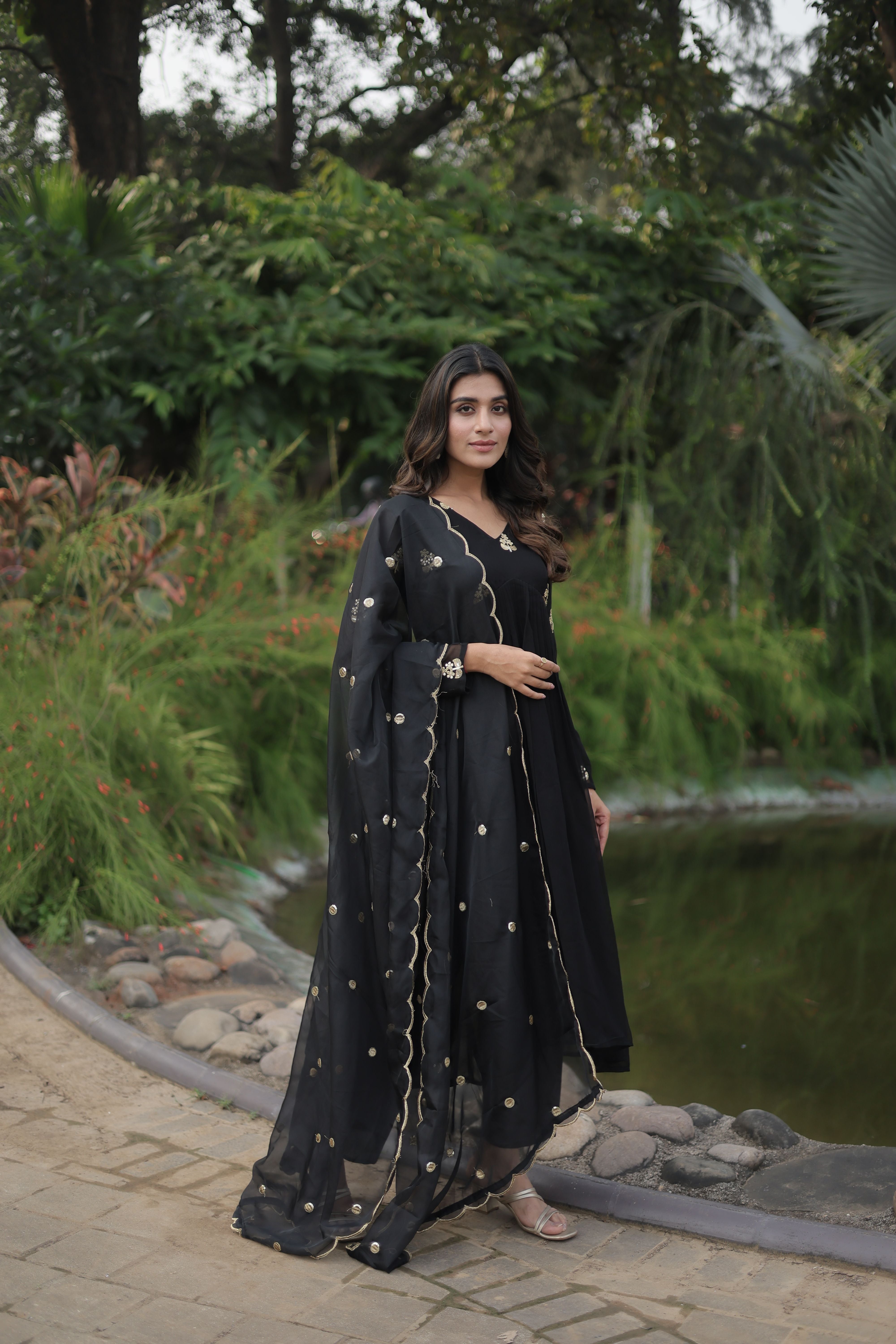 Aastha Black Faux Blooming Russian Silk with Gown Embroidered Work