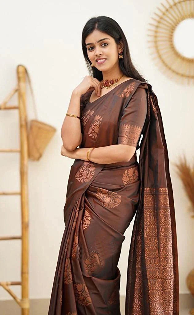 Vamika Brown Banarasi Jacquard Weaving Saree