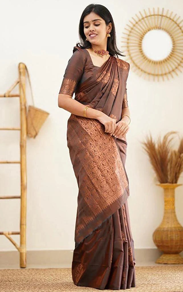 Vamika Brown Banarasi Jacquard Weaving Saree