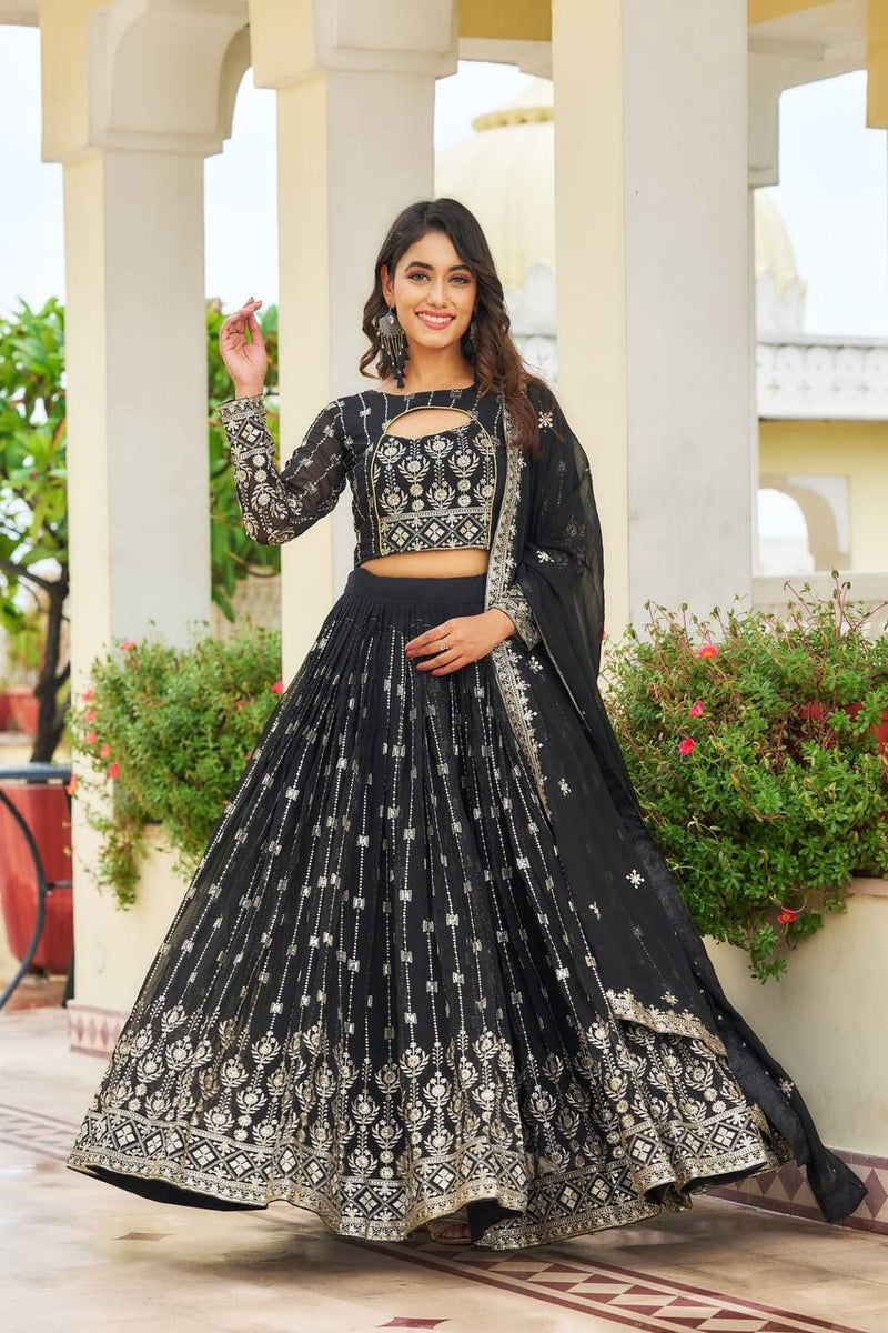 Aastha fashion Black Heavy Fox Georgette lehanga blouse fabric Embroidery Sequence Work