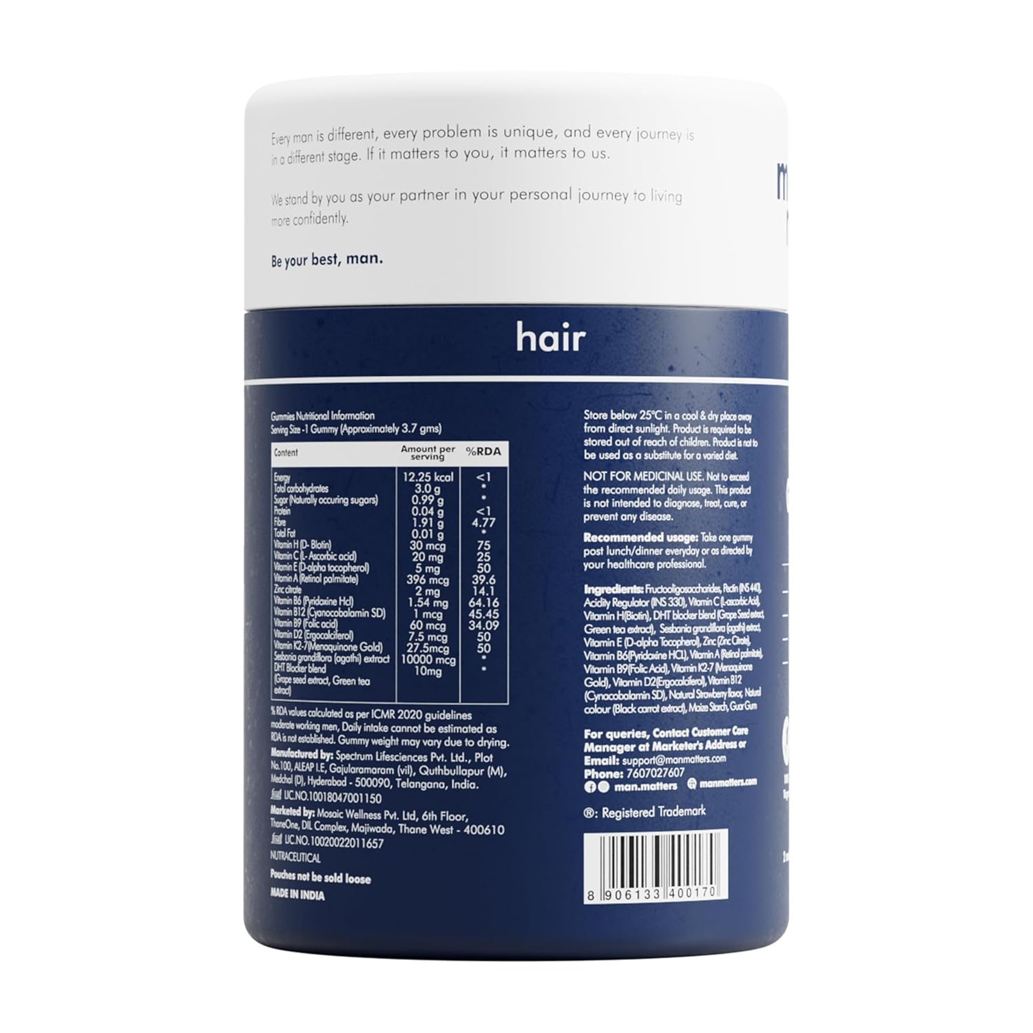 Man Matters Biotin Hair Gummies | No Added Sugar | With Biotin, DHT Blockers, Vitamin A, C, E, Fibre & Zinc | For Stronger and Healthier Hair | 100% Veg & Gut Friendly