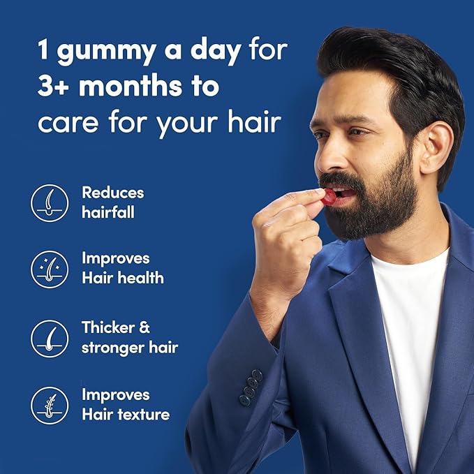 Man Matters Biotin Hair Gummies | No Added Sugar | With Biotin, DHT Blockers, Vitamin A, C, E, Fibre & Zinc | For Stronger and Healthier Hair | 100% Veg & Gut Friendly