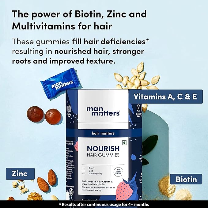 Man Matters Biotin Hair Gummies | No Added Sugar | With Biotin, DHT Blockers, Vitamin A, C, E, Fibre & Zinc | For Stronger and Healthier Hair | 100% Veg & Gut Friendly