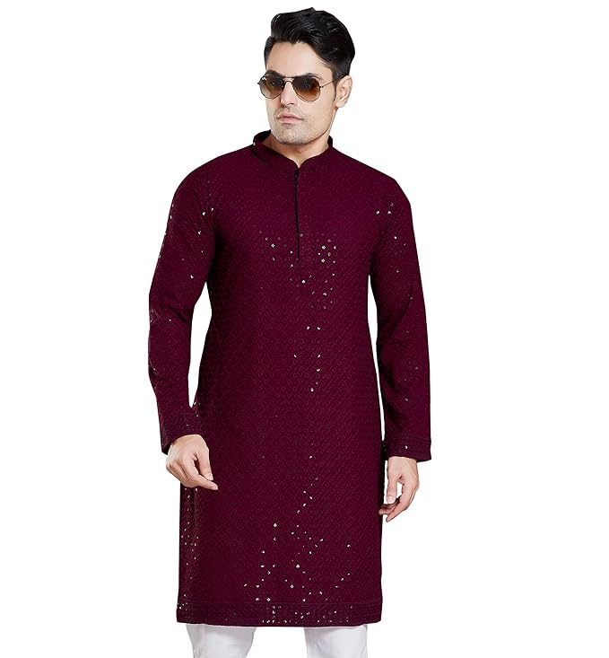 Men's Sequince Embroidered Cotton Blend Only Slim Fit Kurta