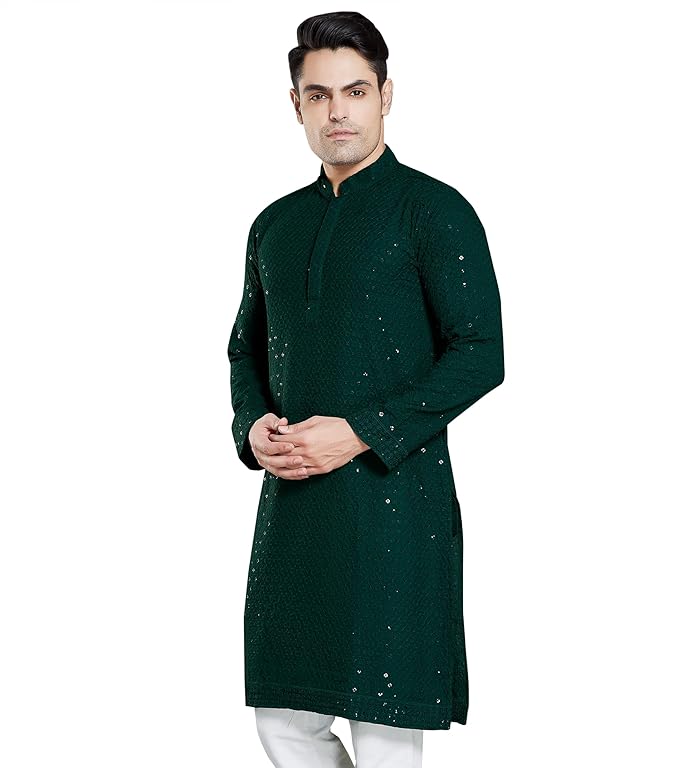 Men's Sequince Embroidered Cotton Blend Only Slim Fit Kurta