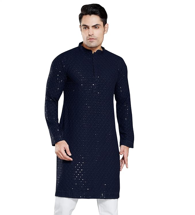 Men's Sequince Embroidered Cotton Blend Only Slim Fit Kurta