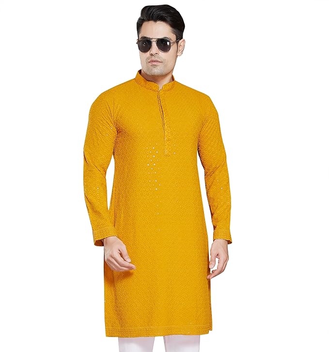 Men's Sequince Embroidered Cotton Blend Only Slim Fit Kurta