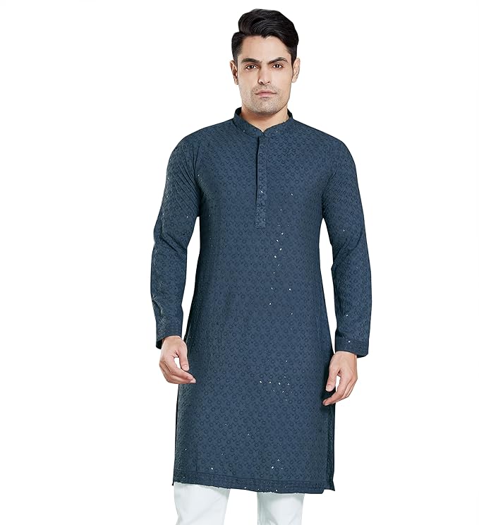 Men's Sequince Embroidered Cotton Blend Only Slim Fit Kurta