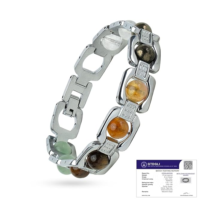 Silver bracelet with colored stones and a batch testing report on a white background