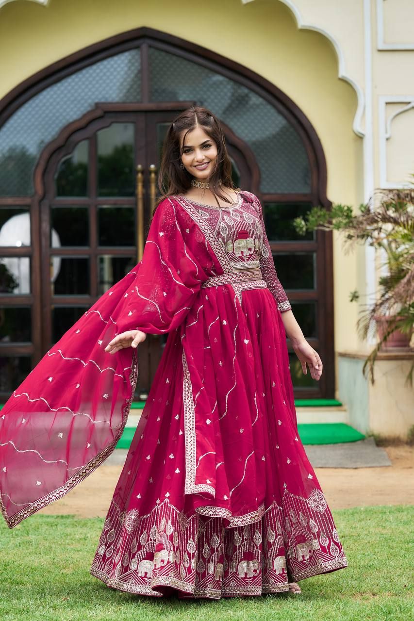 Aastha fashion Magenta Heavy Fox Georgette lehanga blouse fabric Embroidery Sequence Work with Belt