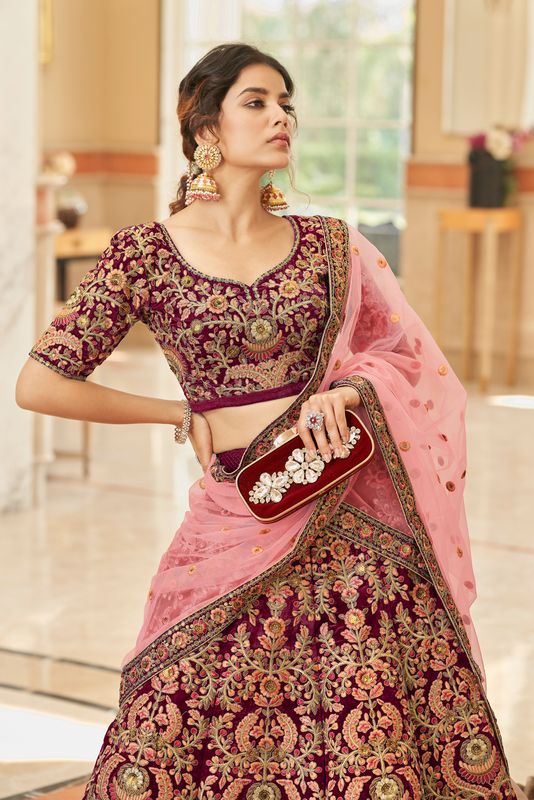 Aastha fashion Maroon Velvet lehanga blouse fabric Thread, Zari, Dori and Sequins Embroidery Work