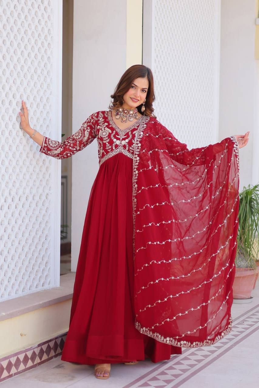 Aastha Red Fox Georgette with Micro Cotton Heavy sequence Embroidery Work