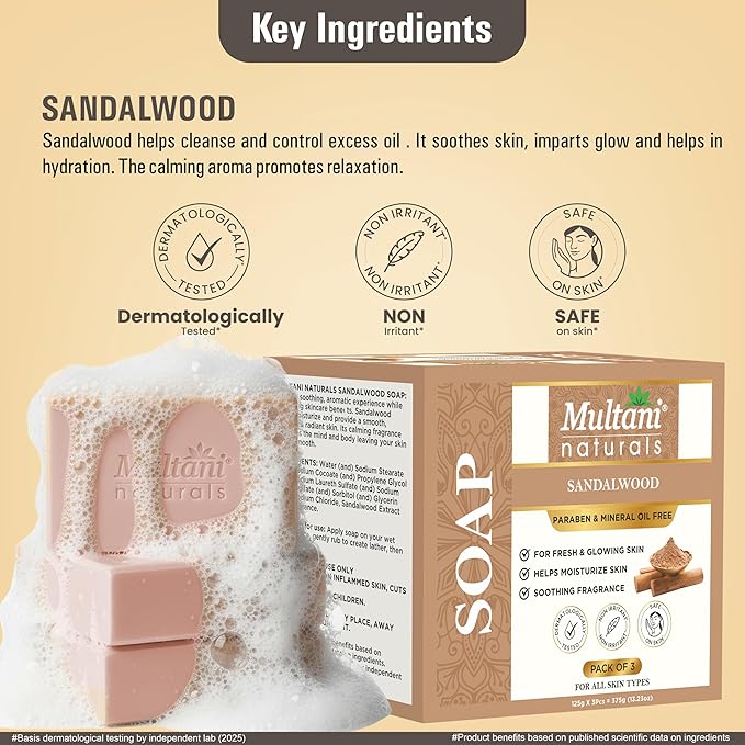 Multani Natural Sandalwood Ayurvedic Soap - 125 gm (Pack Of 3)