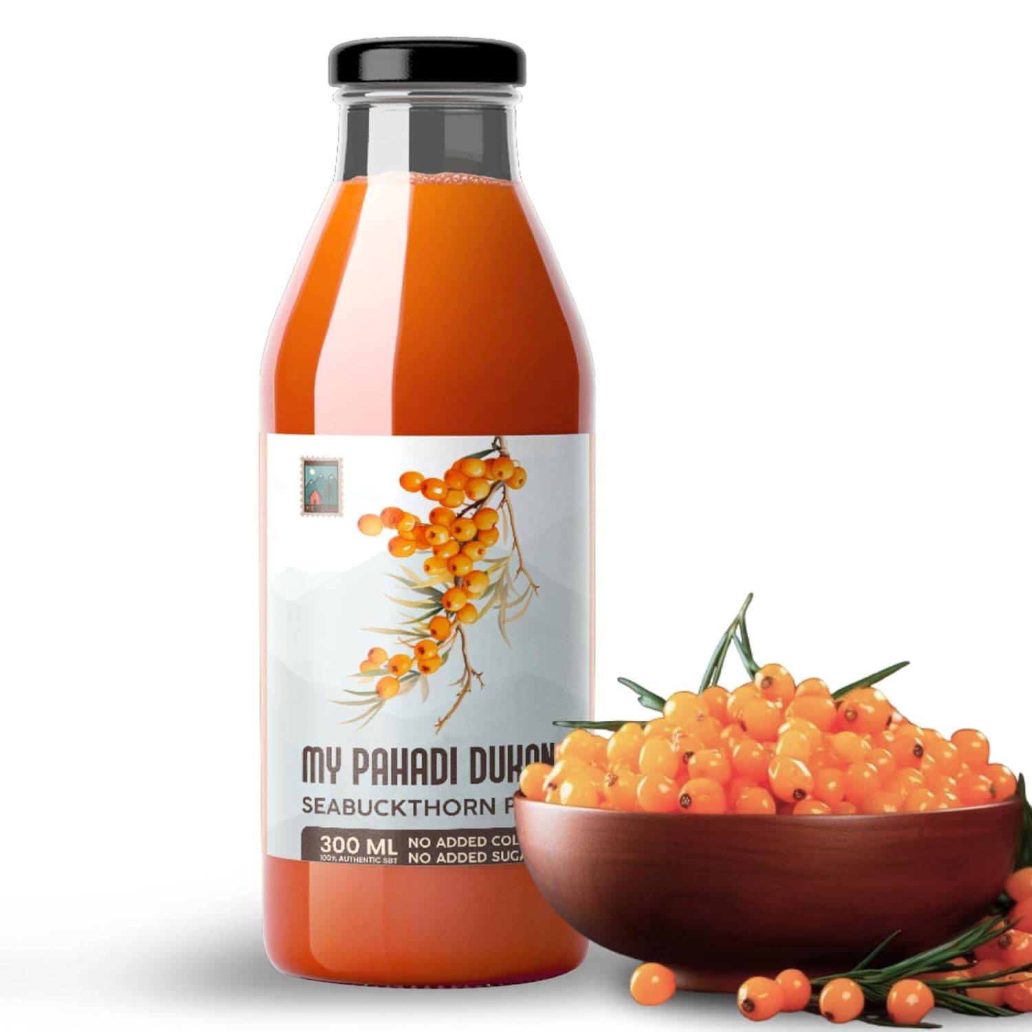 Bottle of My Paradi Dukhan Seabuckthorn juice with a bowl of seabuckthorn berries on a white background