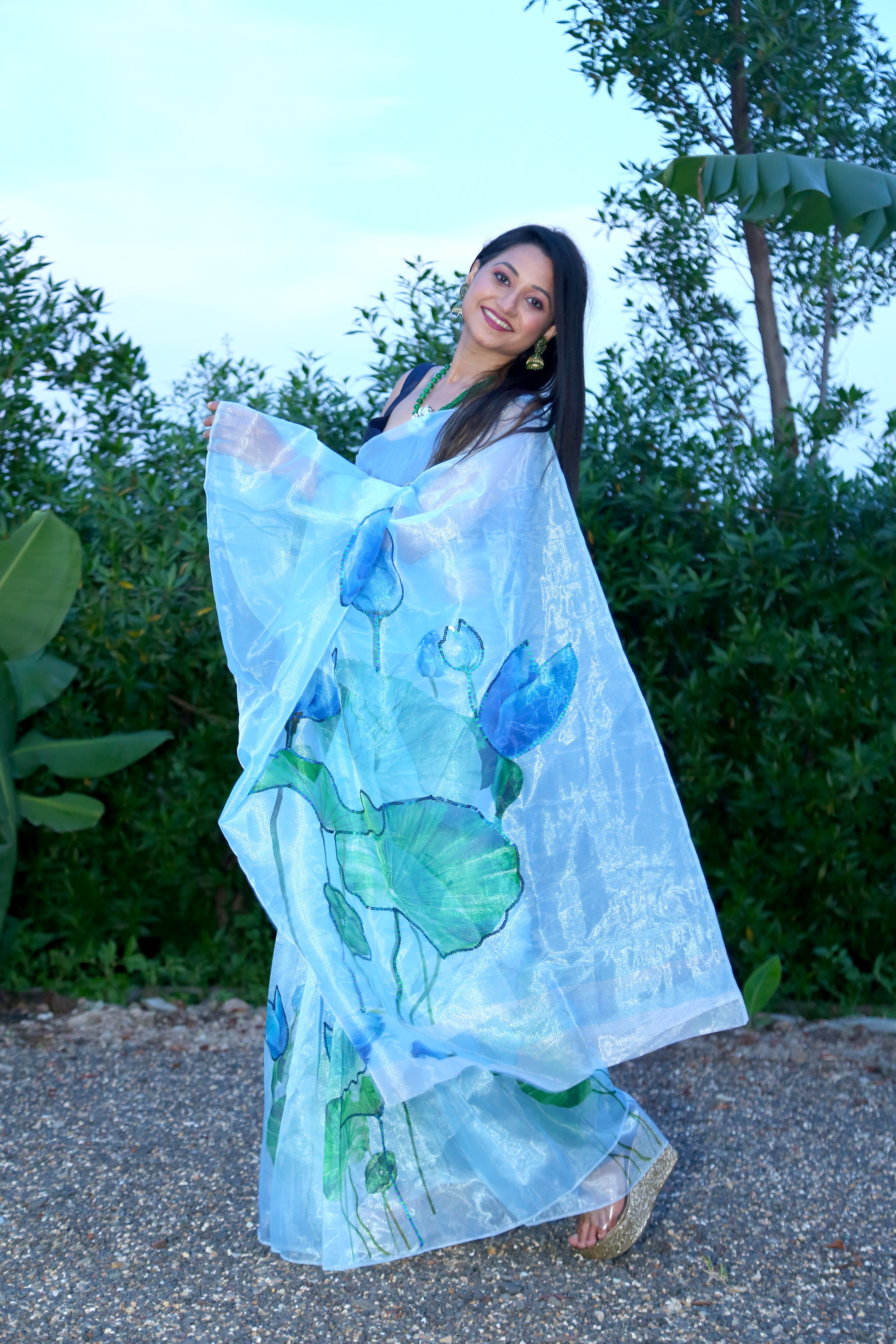 Aastha Navy Blue Soft Organza Beautiful floral print work