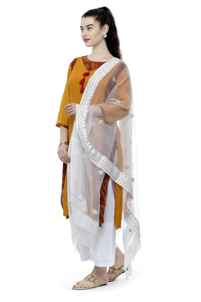 Mominos Fashion White Orgenza Nug Embroidery Dupatta