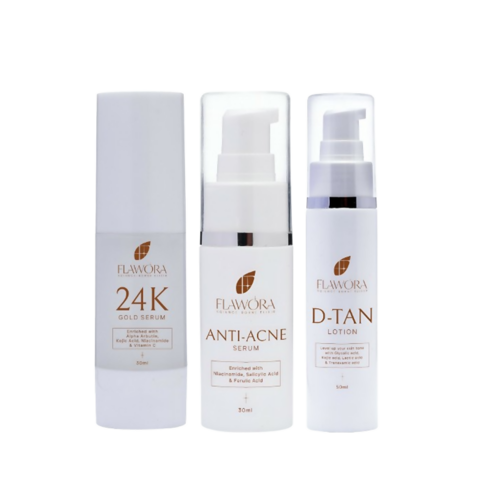 Flawora Set of D-Tan Lotion, Anti Acne Serum and Golden Glow Face Serum