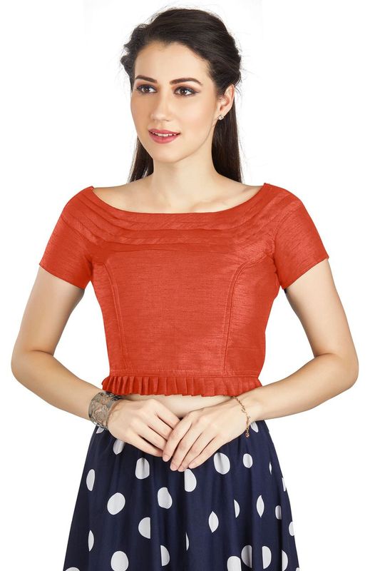 Aastha fashion Orange Art Sleek Pleated Neck Blouse Work Princece Blouse