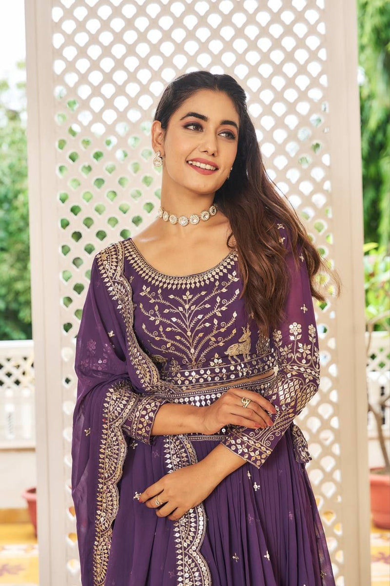 Aastha fashion Magenta Heavy Fox Georgette lehanga blouse fabric Embroidery 7mm Sequence Work with Belt