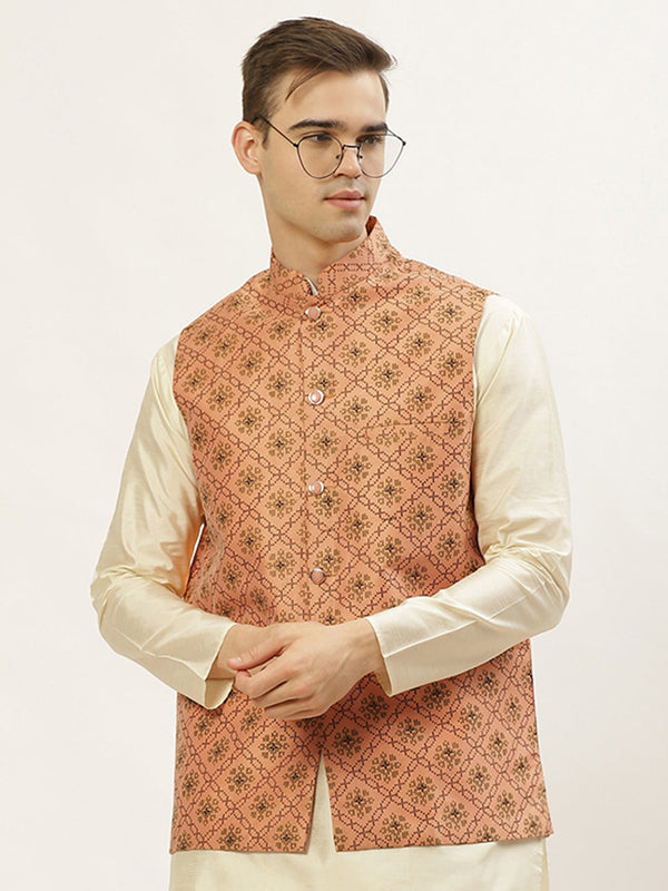 Jompers Men's Orange Printed Nehru Jacket